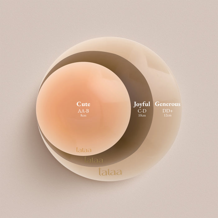 Size guide showing Cute, Joyful and Generous round nipple covers stacked to compare coverage