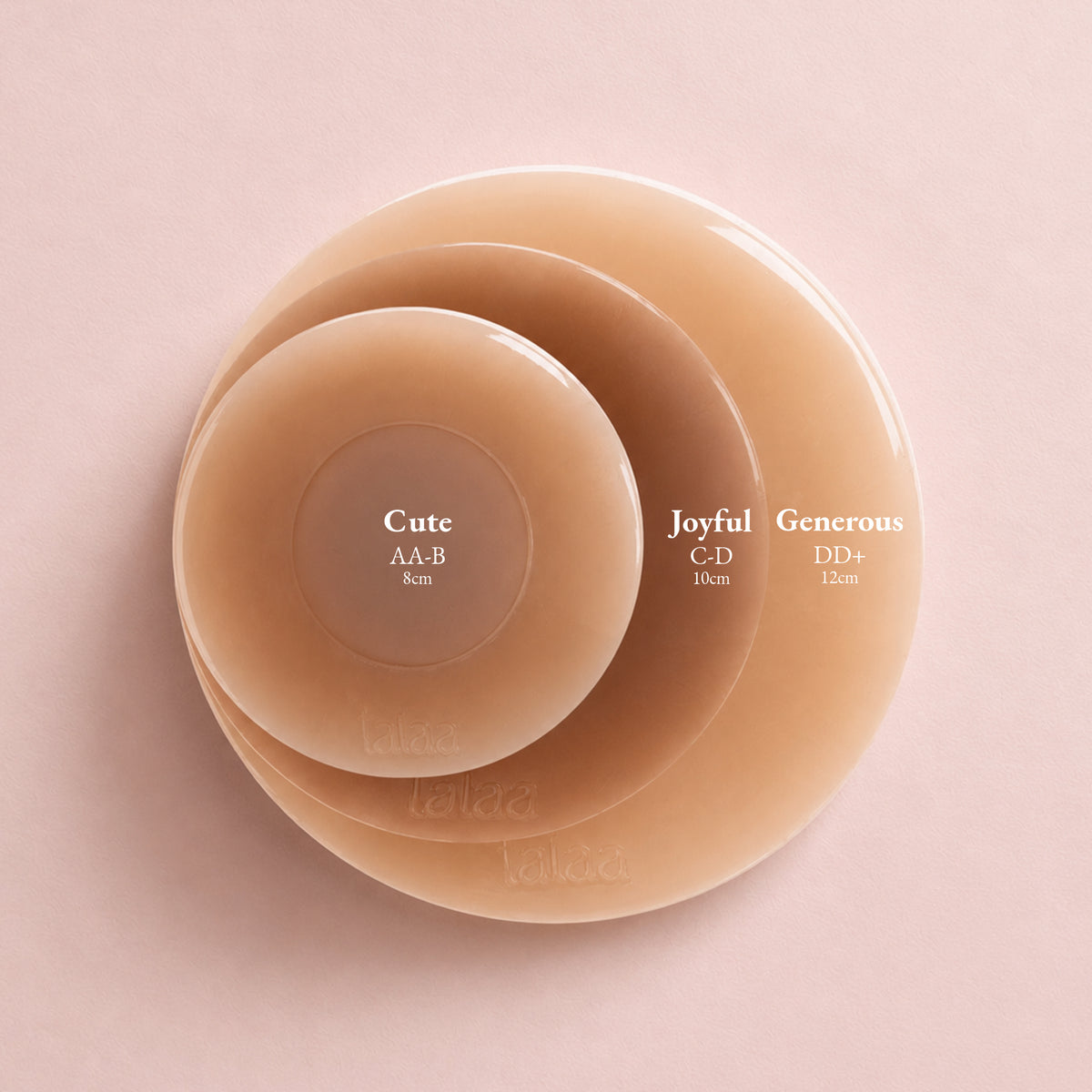 Size guide showing Cute, Joyful and Generous Glazed nipple covers stacked to compare coverage
